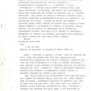Telescrivente datata 23 marzo 1984, dal titolo "Pertini ad Avezzano: il ricordo di Bruno Corbi"