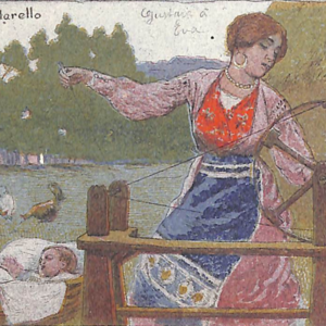 Abruzzo, Al filarello, cromolitografia, 1900, (fotoriproduzione), AS-PE. Estratta da: Basilio  Cascella: catalogo delle cartoline, a cura di Franco Battistella, Pescara, Carsa 1997, AS-PE.